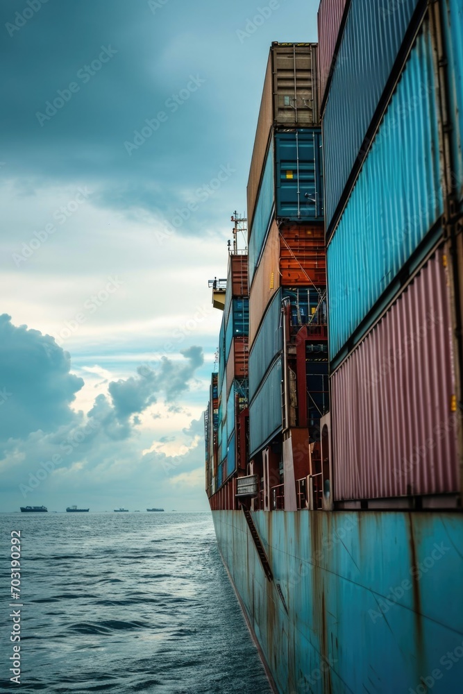 Aufkleber A picture of a large container ship sailing in the middle of the ocean. This image can be used to depict international trade, shipping industry, transportation, or global commerce