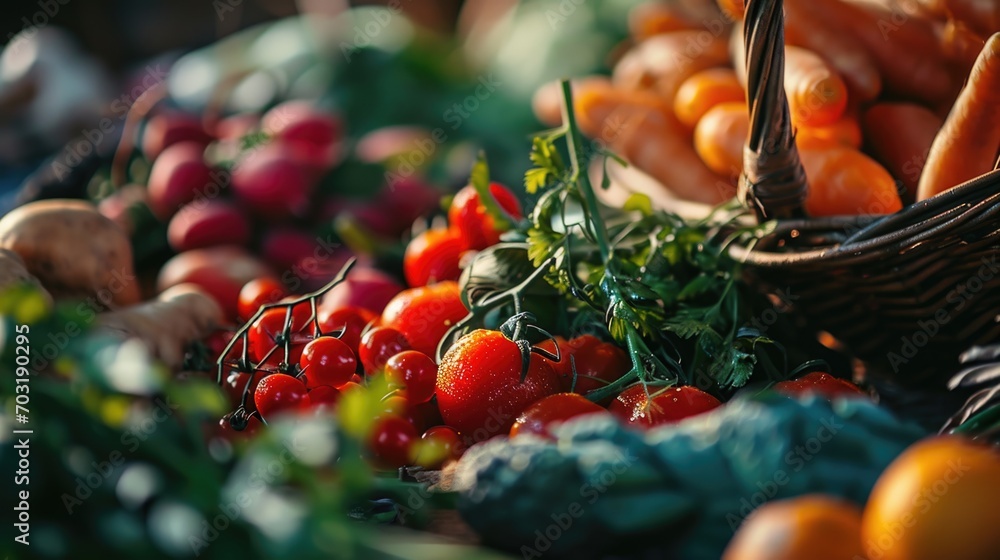 Sticker A basket filled with a variety of fresh vegetables. Perfect for healthy eating and farm-to-table concepts