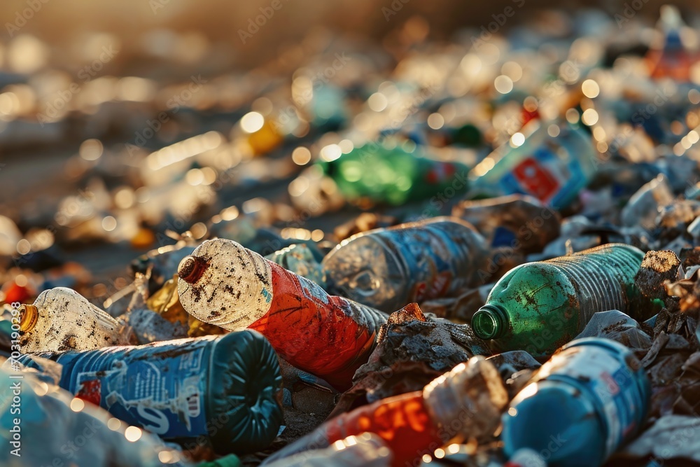 Poster plastic bottles piled on top of a sandy beach. suitable for environmental and pollution-related them