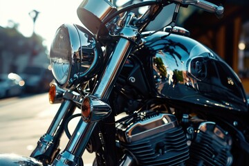 A close up view of a motorcycle parked on a street. Suitable for various motorcycle-related themes...