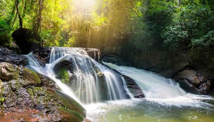 waterfall with in Rain Forest with the natural sunlight
