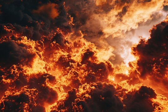 A picture of a massive fire emitting thick smoke. This image can be used to depict dangerous situations, disasters, or the destructive power of fire