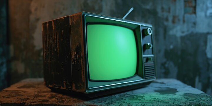An old television with a green screen is placed on a rock. This image can be used for digital marketing or video production purposes
