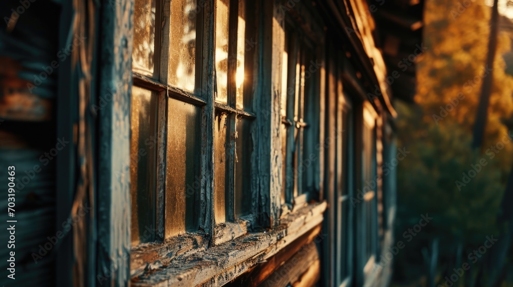 Poster A close-up view of a window on a building. This image can be used to showcase architectural details or to represent urban living