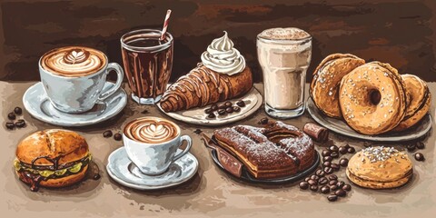 A colorful painting featuring a variety of delicious breakfast foods. Perfect for use in food blogs, restaurant menus, or kitchen decor