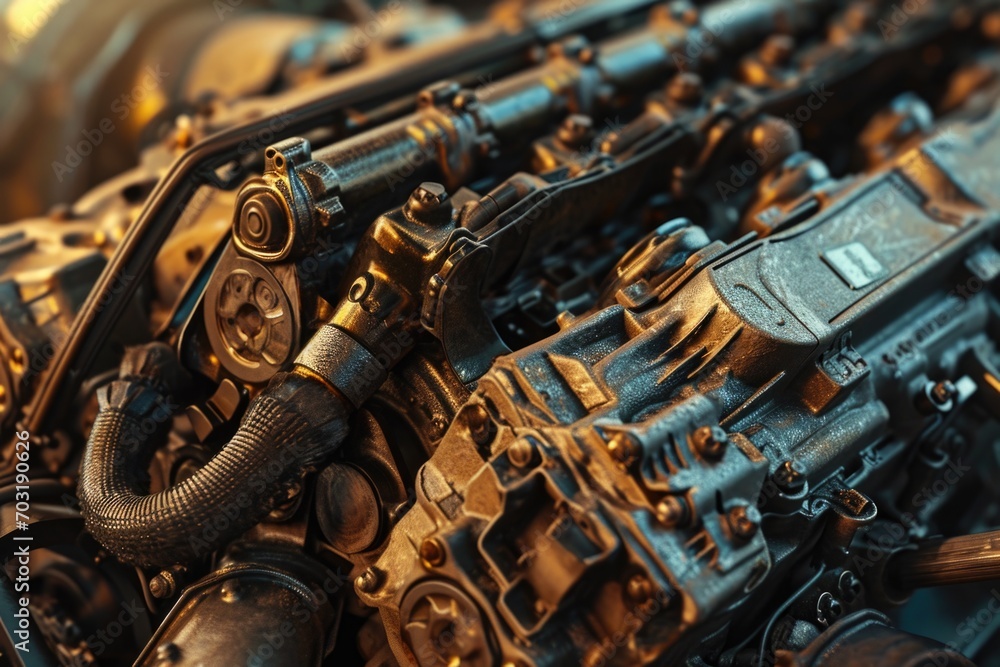 Poster A detailed view of an engine on a vehicle. This image can be used to showcase automotive technology and mechanics