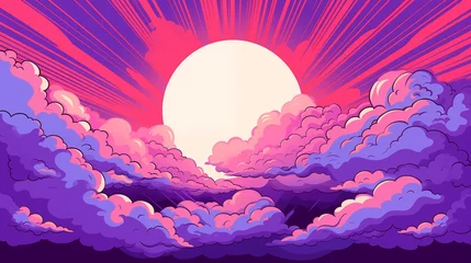 Poster Illustration of a comics style background. Comics style, pop-up illustration. Sunset sun and clouds, pop-up cartoon style.  Abstract background. Colorful graphic on abstract background.  © nataliia_ptashka