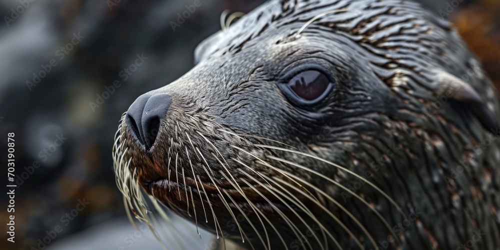 Poster A close-up photograph capturing the detailed features of a sea lion's face. This image is perfect for nature enthusiasts and marine life enthusiasts.