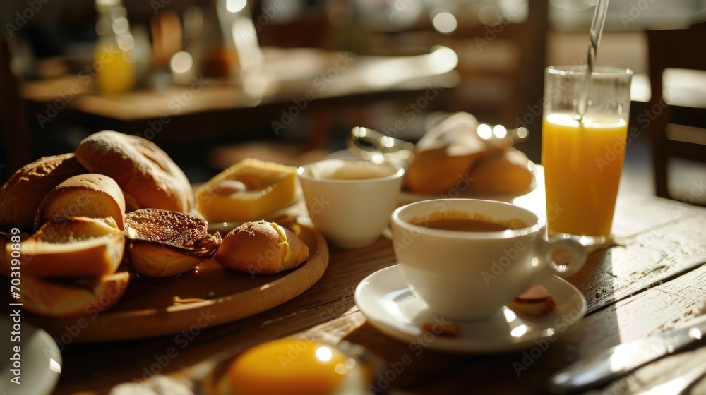 Poster a wooden table displaying plates of food and a glass of refreshing orange juice. perfect for showcas