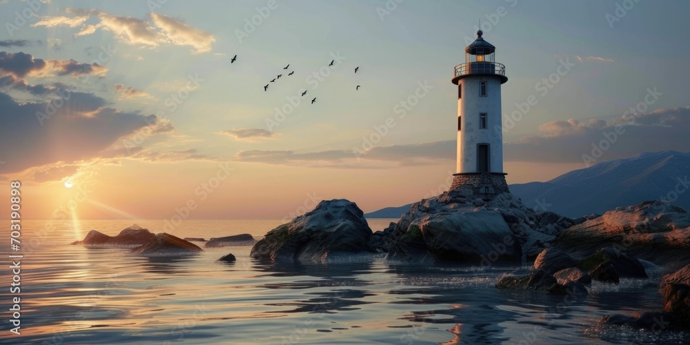 Poster a lighthouse standing on a rock in the middle of the ocean. perfect for nautical themes and coastal 