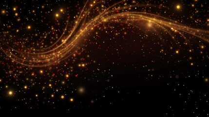A Dark Background with Gold Stars and Swirls, in the Style of Light Red and Light Amber, Flowing Lines, Spirals, and Curves