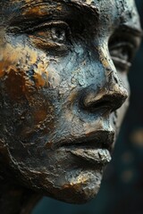 A close up view of a statue depicting the face of a man. Can be used as a symbol of strength, determination, or contemplation