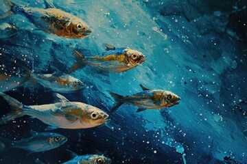 A painting depicting a group of fish swimming in the ocean. Suitable for various underwater and marine-themed projects
