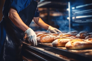 A worker at a bakery takes fresh bread out of the oven. Industrial production. - obrazy, fototapety, plakaty