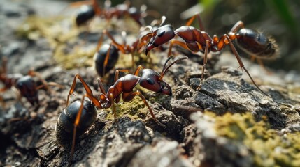 A group of ants crawling on a tree trunk. Suitable for nature, insect, and wildlife themes