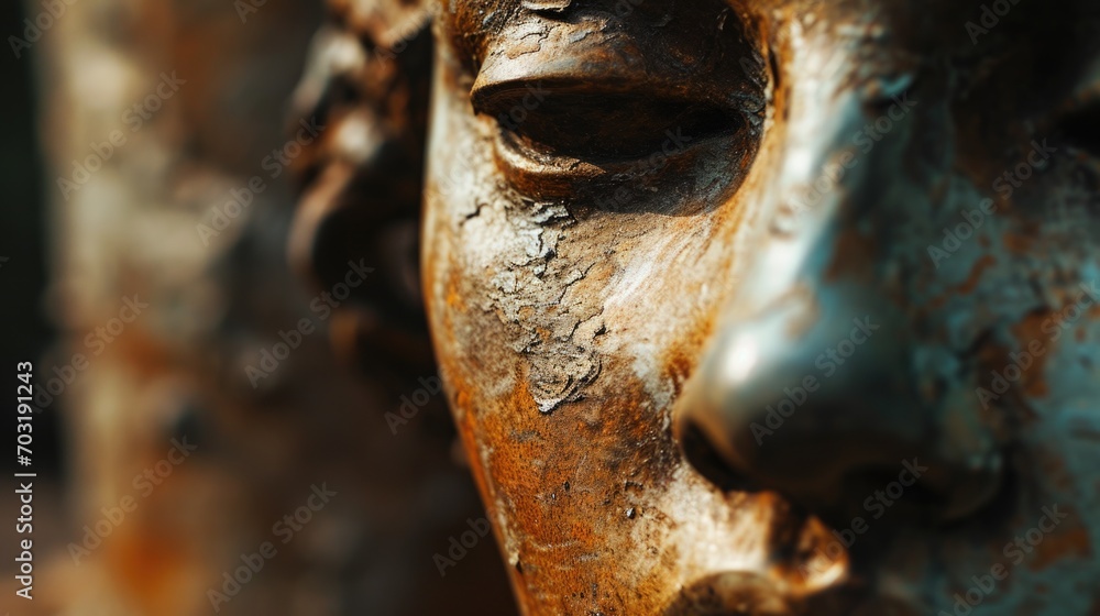 Poster a detailed close-up of the face of a statue of a woman. suitable for various artistic and historical