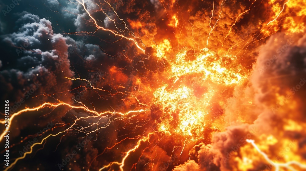 Poster A powerful explosion of orange and yellow lightning. Perfect for adding a dynamic and energetic touch to any project