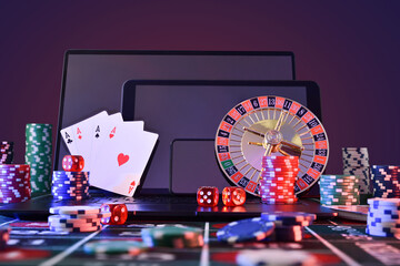 Casino online gaming concept with mobile devices and isolated background