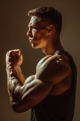 A man flexing his muscles in the dark. Suitable for fitness, bodybuilding, or strength-related themes