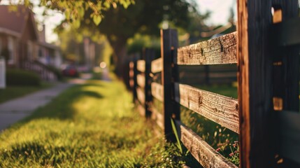 A wooden fence standing in front of a house. Suitable for home and real estate concepts