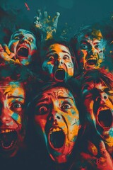 A picture of a group of people with their mouths open. This image can be used to depict surprise, shock, amazement, or even a choir singing together