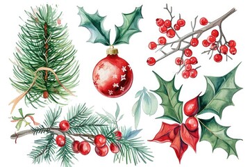 A collection of beautiful watercolor illustrations showcasing various Christmas decorations. Perfect for adding a festive touch to holiday-themed designs and projects