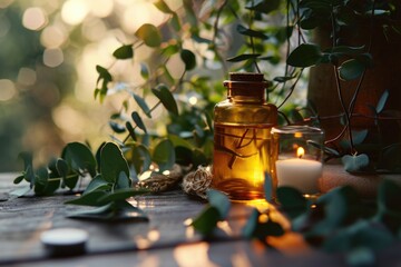 A bottle of essential oil placed next to a candle. Perfect for creating a relaxing and soothing atmosphere