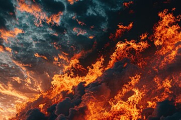 A plane is shown flying in front of a massive fire. This image can be used to depict danger, disaster, or an intense situation