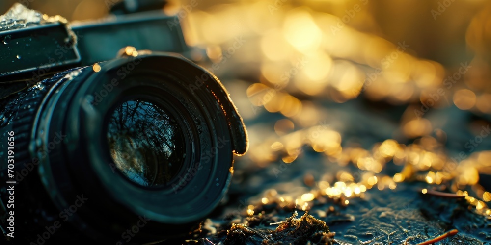 Poster camera lying on the ground in a close-up shot. suitable for photography-related themes