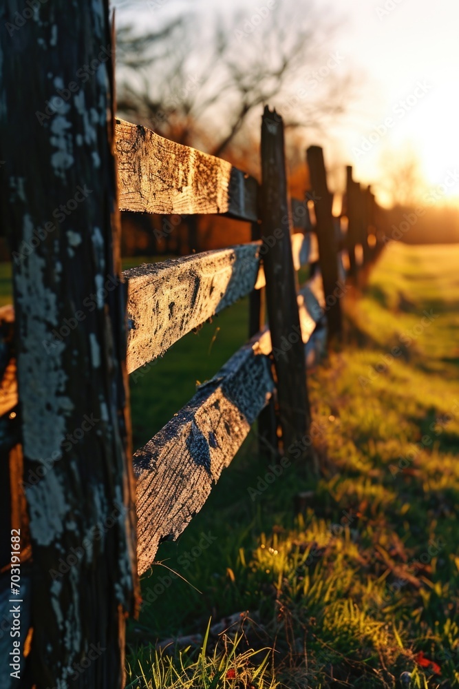 Poster a picturesque scene of a wooden fence in a grassy field during the beautiful sunset. perfect for add