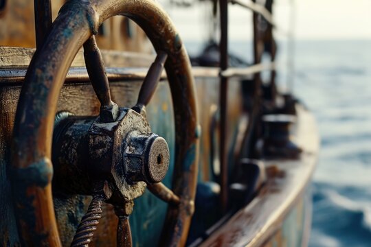 A picture of a steering wheel on a boat in the ocean. Perfect for nautical-themed designs or illustrations