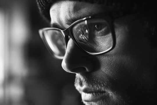 A close-up view of a man wearing glasses and a hat. This image can be used to represent professionalism, intelligence, or a stylish fashion statement