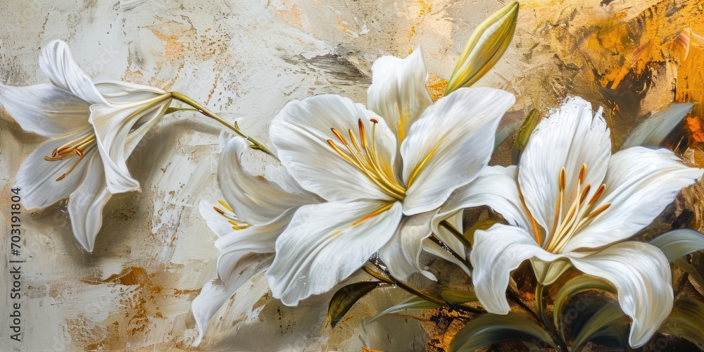 Poster a beautiful painting of white flowers in a vase. perfect for adding a touch of elegance to any space
