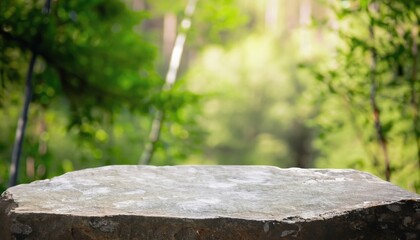 Stone podium table top outdoors blur green forest plant nature background