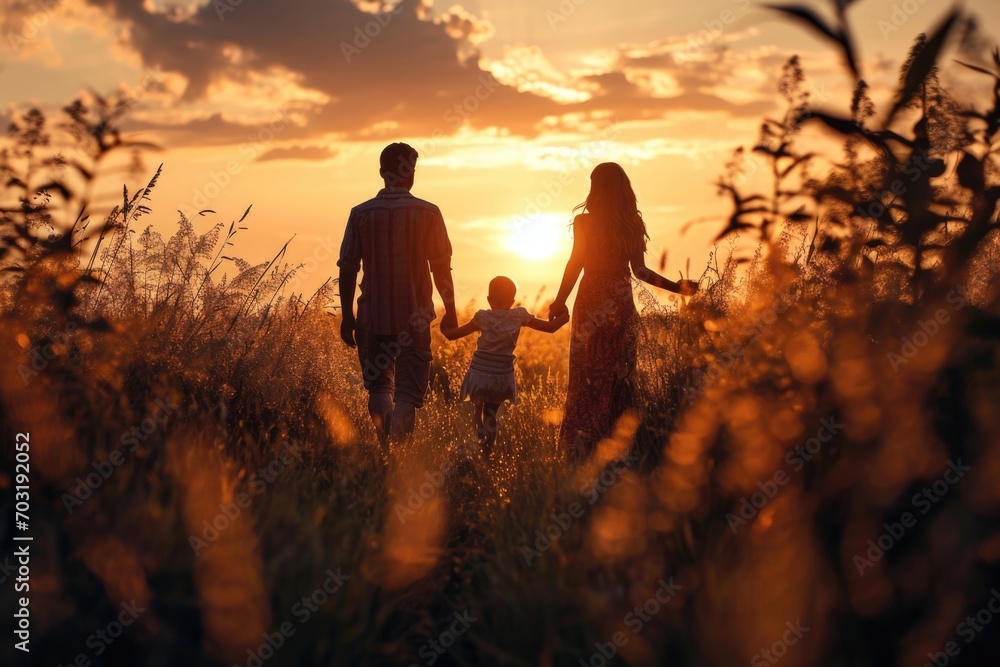 Wall mural a beautiful scene of a family walking through a field at sunset. perfect for nature, family, and out