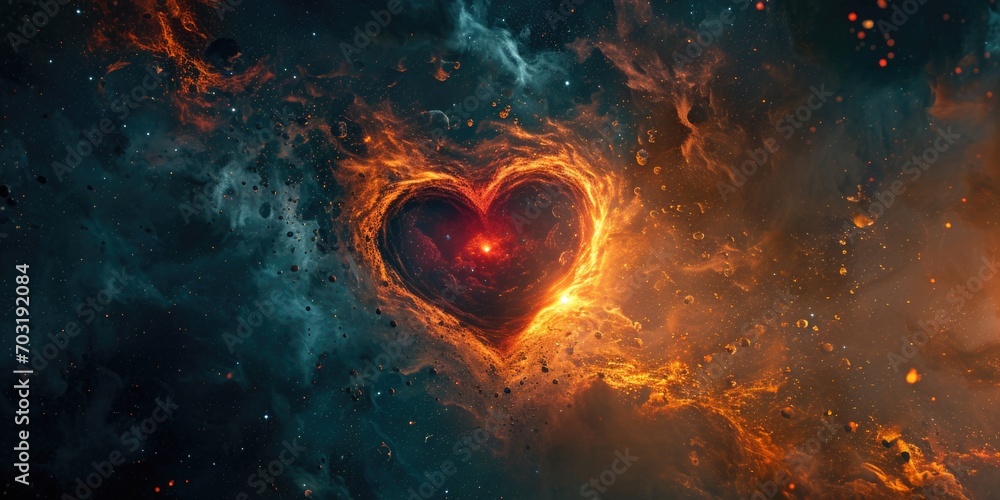 Poster A heart-shaped object is depicted in the vast expanse of a galaxy. This image can be used to symbolize love and romance in the context of the universe