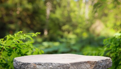 Stone podium table top outdoors blur green forest plant nature background