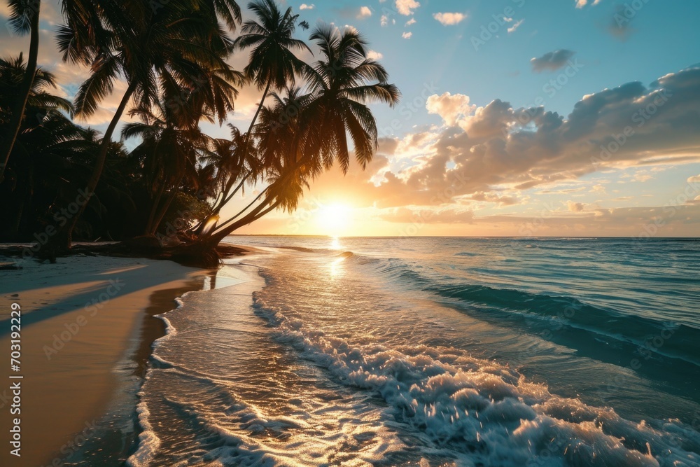 Poster a beautiful sunset over the ocean with palm trees in the foreground. perfect for travel and tropical