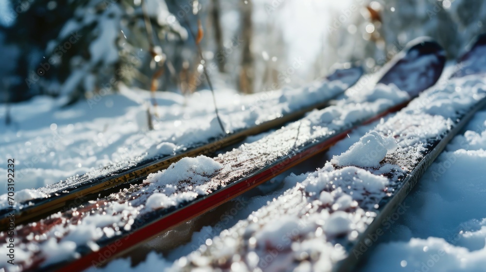 Sticker Skis resting in the snow, ready for an outdoor adventure. Perfect for winter sports and travel brochures