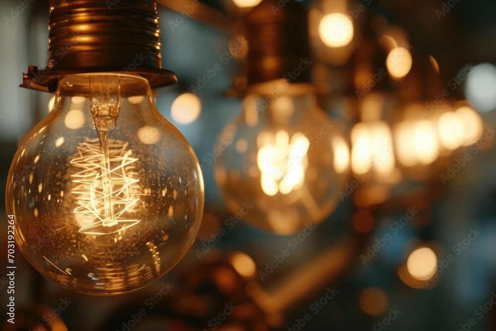 Poster A collection of light bulbs suspended from a ceiling. Perfect for adding a unique touch to any room or creating a stylish lighting fixture.