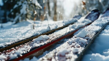 Skis resting in the snow, ready for an outdoor adventure. Perfect for winter sports and travel brochures