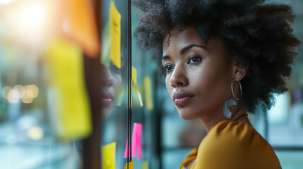 A young dynamic African American businesswoman brainstorming with sticky notes on a glass wall in the office - obrazy, fototapety, plakaty