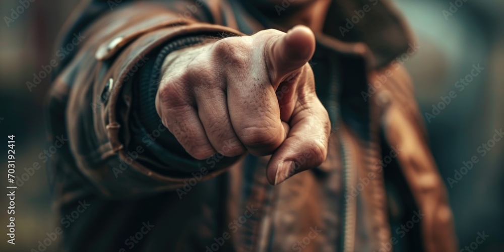 Poster A close-up shot of a person pointing directly at the camera. This image can be used to convey a sense of connection, engagement, or to draw attention to a specific message
