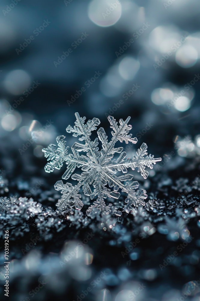 Poster a close-up view of a snowflake on a black surface. can be used as a winter background or for illustr