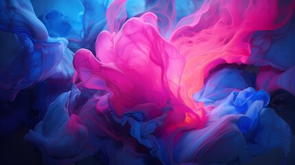Dynamic bursts of neon pink and electric blue liquids colliding and creating a vibrant spectacle of fluid motion against a vivid 3D background, captured in high resolution.