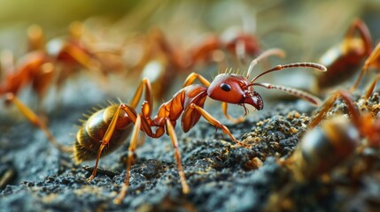A detailed view of a group of ants crawling on a rock. This image can be used to depict teamwork, unity, or the intricate world of insects