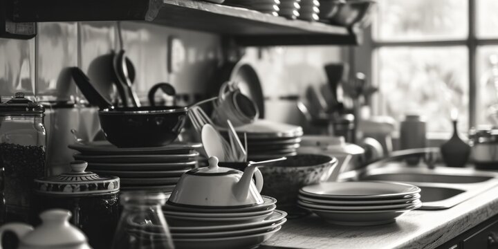 A black and white photo of a kitchen counter. Versatile image suitable for various uses