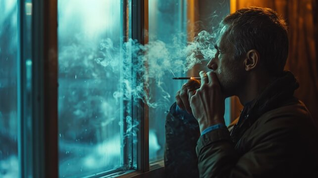 A man is seen smoking a cigarette in front of a window. This image can be used to depict relaxation or addiction