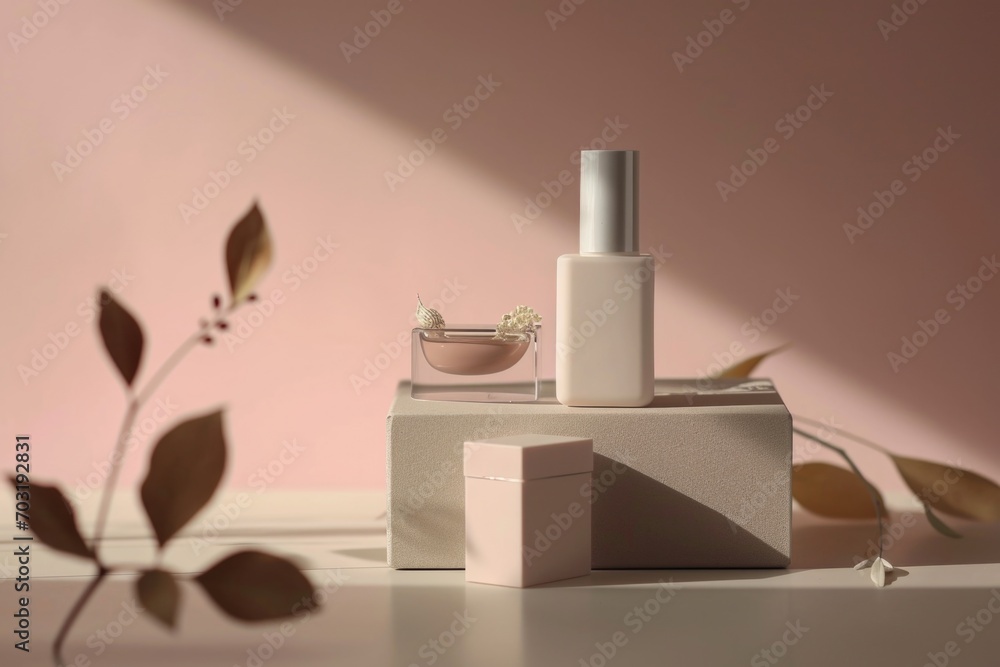 Poster A bottle of lotion placed on top of a stack of boxes. Versatile image suitable for various uses