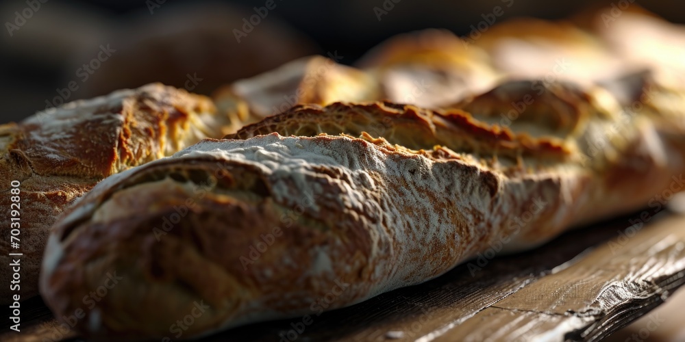 Poster a collection of bread placed on a rustic wooden table. suitable for bakery or food-related designs